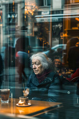 Fototapeta na wymiar Woman looking through the glass of a coffee shop