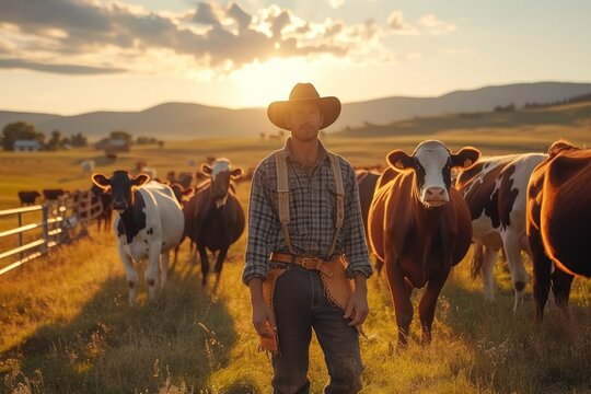 Farm, black man and happy, cow and agriculture for livestock, sustainability and agro business in countryside. Farmer with mission, field and industry, environment with cattle herd and animal outdoor