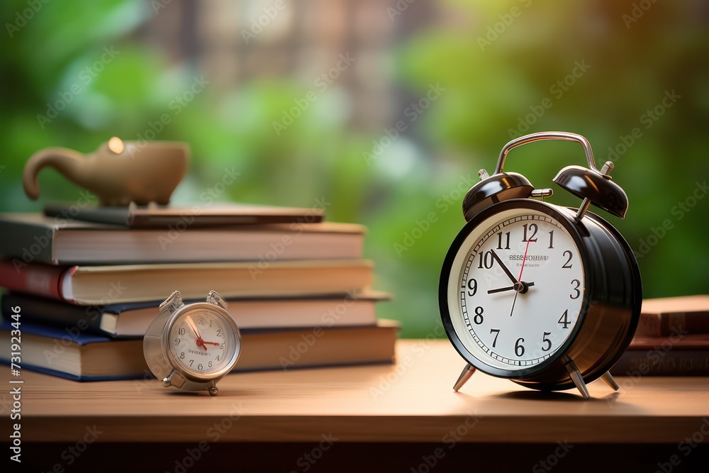 Poster alarm clock stands in front of a stack of books, symbolizing time management and education
