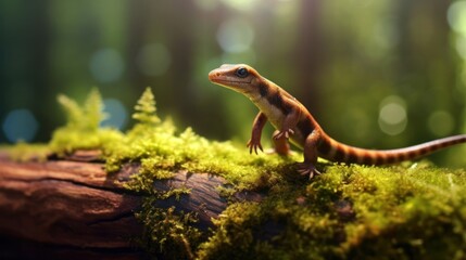 Fototapeta premium Salamander sat on a log while stretching his body to look around