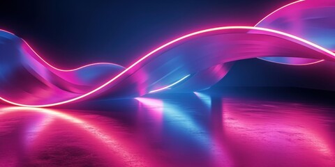 3d render. Abstract neon background. Dynamic lines glowing in the dark with floor reflection. Folded colorful ribbon, Generative AI