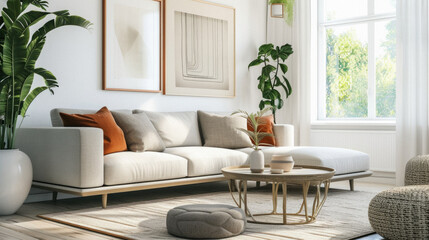 Comfortable modern sofa, soft luxury couch in cozy living room minimal elegant aesthetic home interior design contemporary style background space. House furniture store shopping advertising promo .