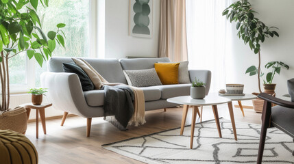 Comfortable modern sofa, soft luxury couch in cozy living room minimal elegant aesthetic home interior design contemporary style background space. House furniture store shopping advertising promo .