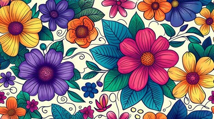 Hand drawn colorful flowers  seamless pattern. Generative Ai