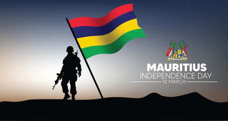 solider with Mauritius waving flag Mauritius independence day vector poster