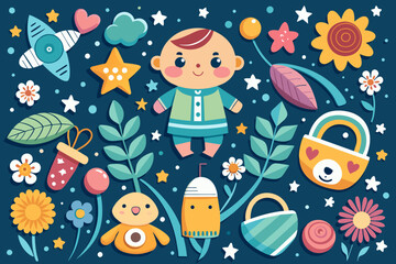 Naklejka premium Baby hand drawn design for textile, posters, cards. Baby pattern. Fabric baby design. Vector illustration with doodles. Nursery baby pattern illustration