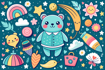 Baby hand drawn design for textile, posters, cards. Baby pattern. Fabric baby design. Vector illustration with doodles. Nursery baby pattern illustration