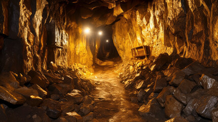 Gold Mine. The hidden world of mining, this image captures the claustrophobic, geological exploration involved in the extraction of valuable minerals from the depths of an underground gold mine. - obrazy, fototapety, plakaty