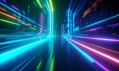 Fototapeta na wymiar 3d animation. Abstract neon background with blue green glowing lines sliding up. Futuristic animated wallpaper, Generative AI