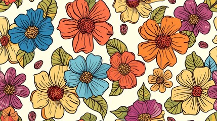 Hand drawn colorful flowers  seamless pattern. Generative Ai