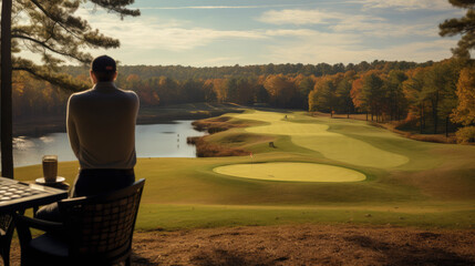 golfer enjoying a drink on the 19th hole looking the golf course