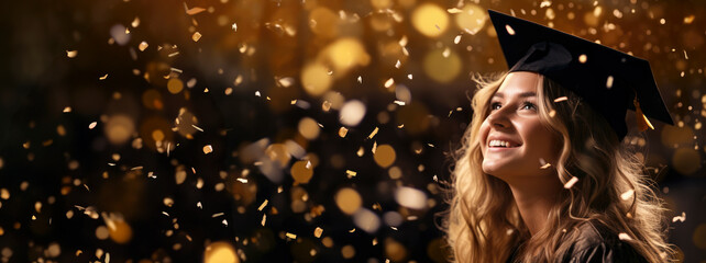 graduating female blonde student, Background, looking up at falling blurred glitter and confetti with golden lights and black background 