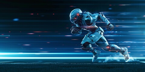 robotic american football player in speed running - obrazy, fototapety, plakaty
