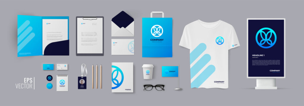 Bright colorful corporate identity template for a modern company, round blue logo and gradient background, minimalistic design