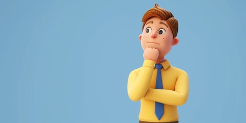 3d render. Cartoon character cute young man isolated on blue background. Serious guy thinking pose. Caucasian male wears yellow shirt and blue tie. Problem and doubt, Generative AI - obrazy, fototapety, plakaty