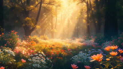 Sunlight Filtering Through Trees in a Lush Flower Forest