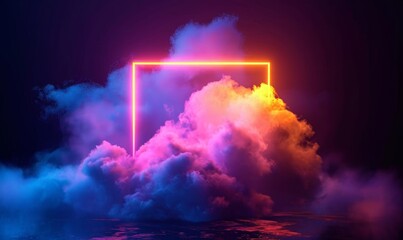 3d render, abstract minimal background with pink blue yellow neon light square frame with copy space, illuminated stormy clouds, glowing geometric, Generative AI