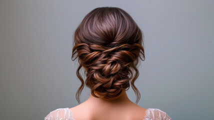 A woman with a sophisticated updo hairstyle poses for the camera, highlighting the beauty and craftsmanship of her hair - obrazy, fototapety, plakaty