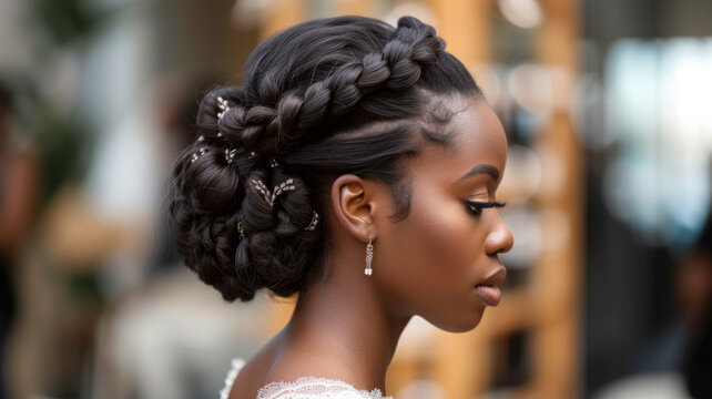A woman with a sophisticated updo hairstyle poses for the camera, highlighting the beauty and craftsmanship of her hair
