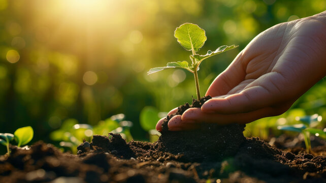 Cultivating Prosperity: A business person's touch on fresh growth signifies the nurturing of Business opportunities and environmental optimism