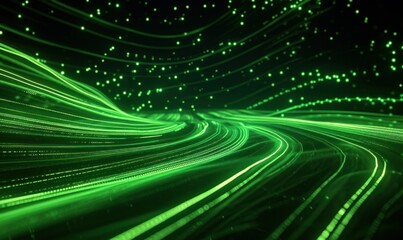 3d render, abstract wallpaper. Green neon lines over black background. Streaming energy. Particles moving and leaving glowing tracks, Generative AI