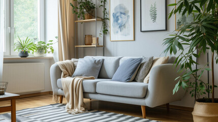 Comfortable modern sofa, soft luxury couch in cozy living room minimal elegant aesthetic home interior design contemporary style background space. House furniture store shopping advertising promo .