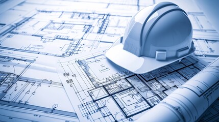A detailed image showcasing house drawing blueprints, complete with a construction helmet, set against a clean background to emphasize the theme of architectural projects and construction engineering. - obrazy, fototapety, plakaty