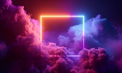 looping 3d animation. Abstract neon background with glowing square shape and spinning cloud. Blank geometric frame in the sky, Generative AI - obrazy, fototapety, plakaty
