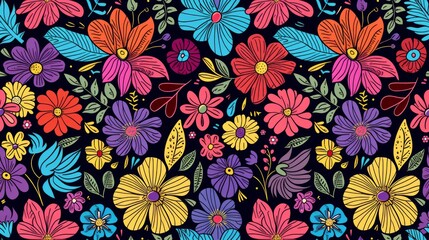 Fototapeta na wymiar Hand drawn colorful flowers seamless pattern. Generative Ai
