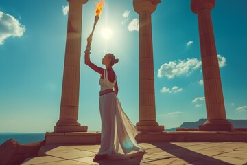 A woman in an ancient Greek peplos dress holds the Olympic flame