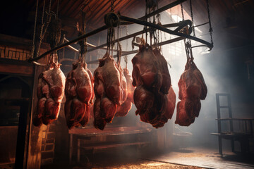 Smoked Ham. Culinary nostalgia captured: a rustic scene of ham suspended in a vintage smokehouse, evoking savoury aromas, culinary tradition, and artisanal mastery