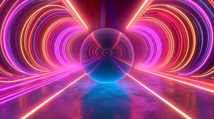 3d render, abstract background. Modern wallpaper with neon lines and sphere, Generative AI