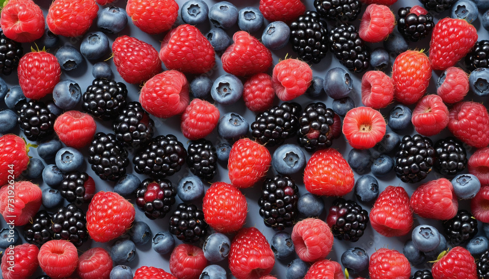 Poster berrylicious bounty: an aerial view of a fruit-filled table created by generative ai