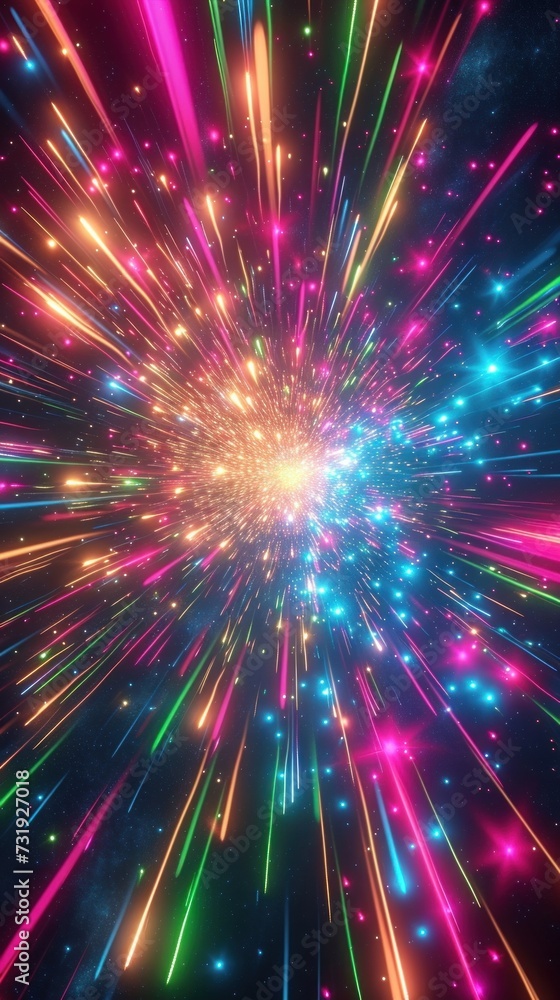 Wall mural 3d, abstract cosmic background with colorful firework, glowing lines, laser rays and falling stars. 