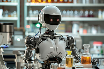 robot in modern laboratorium as a scientist, asystent labolatoryjny, blurred background. Artificial intelect in future life. AI Generated