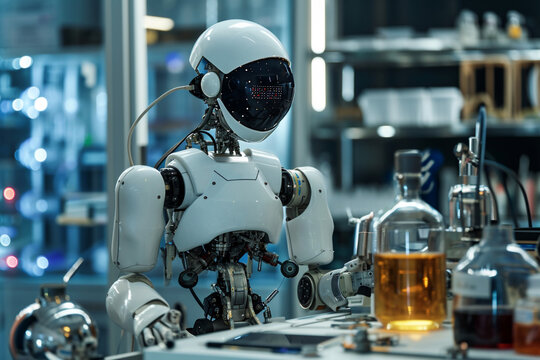 robot in modern laboratorium as a scientist, asystent labolatoryjny, blurred background. Artificial intelect in future life. AI Generated