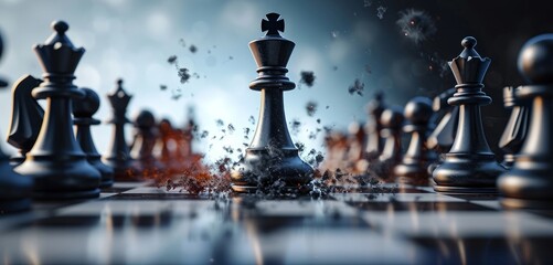 3d render, chess game aggressive move, black bishop chess piece attacks. Business planning, strategic concept, Generative AI