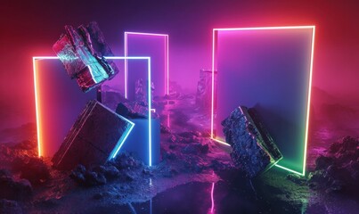 3d render, abstract geometric neon background. Glowing linear frames and rock cobble stone ruins levitating. Fantastic wallpaper, Generative AI