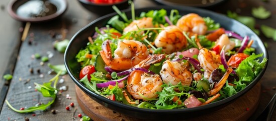 A delicious seafood dish made with shrimp and vegetables, served on a rustic wooden table. - obrazy, fototapety, plakaty