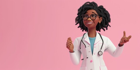 3d render. African woman doctor in glasses, hand gesture, healthcare professional. Black female cartoon character isolated on pink background. Medical, Generative AI - obrazy, fototapety, plakaty