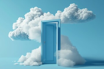 3d render, white fluffy clouds going through, flying out, open door, objects isolated on blue background. Door to haven abstract metaphor, modern minimal concept. Surreal dream, Generative AI - obrazy, fototapety, plakaty