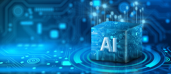 Ai Processor chip of Cube Technology. Big data storage, Cloud computing, Machine learning, Ai blockchain technology. Artificial intelligence learnability Concept.