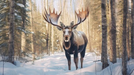 Naklejka na ściany i meble Adult moose standing in the snow
