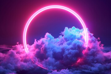 3d render, abstract minimal background, pink blue neon light round frame with copy space, illuminated stormy clouds, glowing ring geometric shape, Generative AI