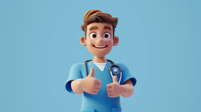 3d render, caucasian young man, cartoon character nurse wears blue shirt, looks at camera, shows thumbs up, like gesture. Health care support. Medical, Generative AI