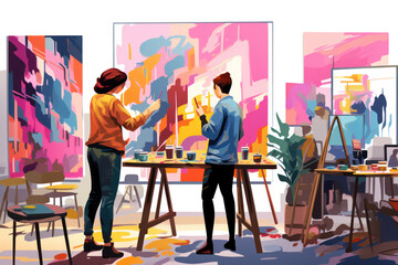 Colorful Creativity: A Young Woman, a Painter in a Casual Workshop Studio, Skillfully Brushes her Beautiful Artwork on Canvas, Inspiring Teamwork and Communication in a Business Meeting.