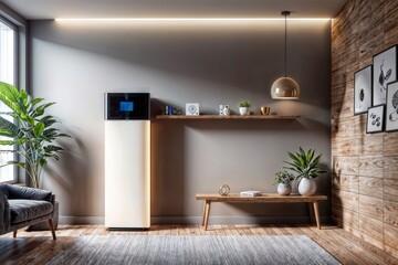 A modern room with a tall home energy station (HES) against the wall, a bench, a potted plant, and framed pictures on the wall.