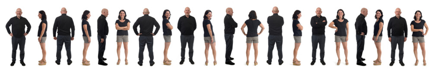 line of various poses of the same man and the same woman standing on white background