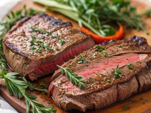 crispy appetizing steak on a cutting board with herbs and spices