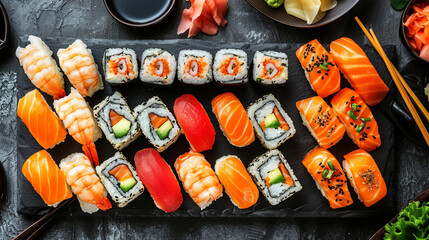 Lots of sushi prepared on a stone tray with chopsticks. - obrazy, fototapety, plakaty